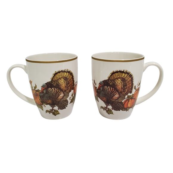 Pottery Barn Heritage Turkey Mugs Set of 2 Thanksgiving Coffee Stoneware Harvest - Picture 2 of 15